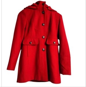 Guess Red Woman’s Pea Coat Size Wool Blend With Removable Hood Classic Chic